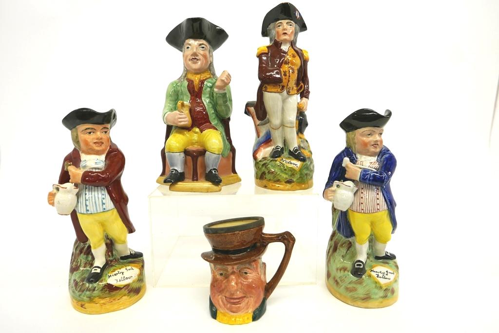 Four Large Staffordshire Toby Mugs & Other: Four large English Staffordshire Ware Toby jugs tallest 11", also includes a Lancaster & Sandland jug 5.25"H