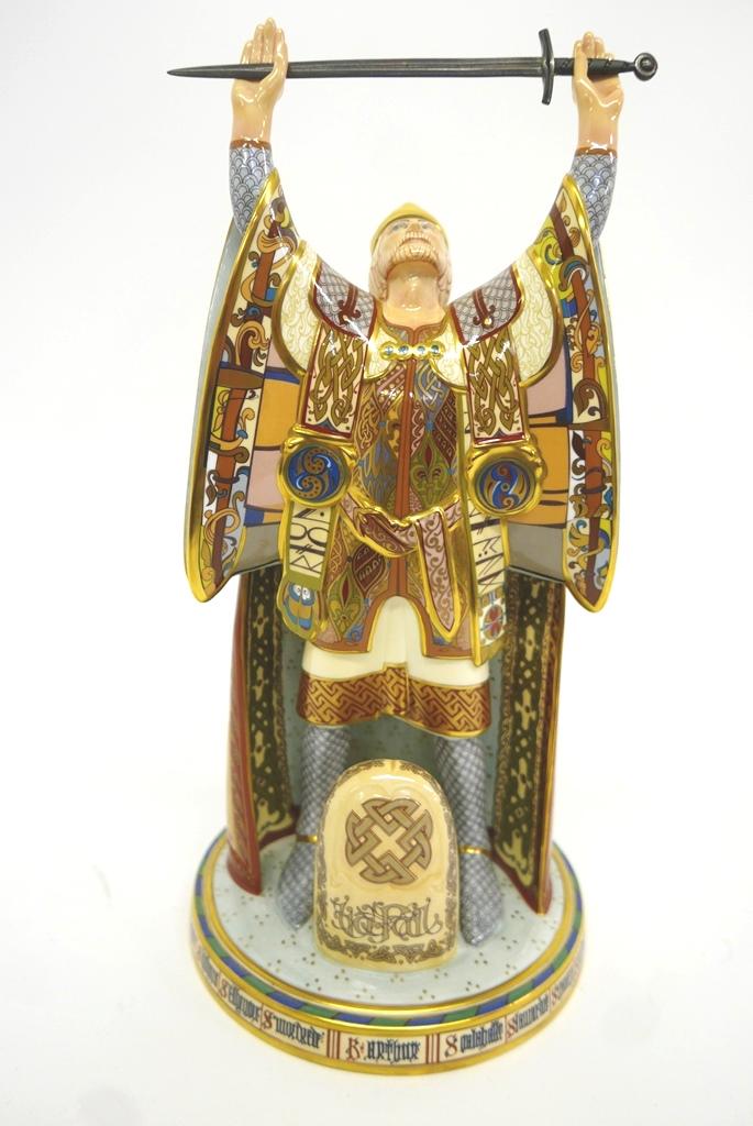 Minton Arthurian Legend Large Arthur Figurine: Minton large porcelain figurine of "Arthur Once And Future King" holding a solid sterling silver sword with Birmingham England hallmarks, limited edition number 91 of 250, 16"H