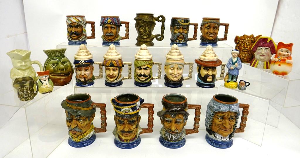 23 Ceramic & Brass Toby Jugs: Seven Italian ceramic Toby jugs tallest 7.5", 10 assorted English and unmarked jugs including some with lids, two brass jugs, two Franklin porcelain jugs, two Czech jugs