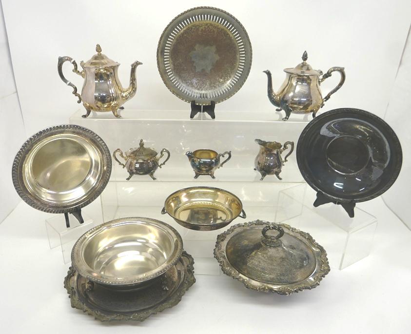 Large Group of Silver-Plate Serving Pieces: Vintage large tureen with lid on tray, covered entre dish, teapots, creamers, sugar bowl, bowl and plates