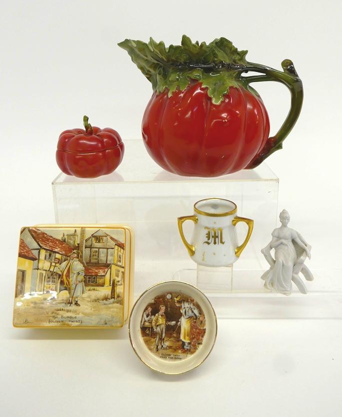 Royal Bayreuth Tomato Pitcher, Box & Others: Antique Royal Bayreuth tomato form pitcher 6"H, trinket box with lid 3.25"D, antique German bisque woman in chair 3"H, antique German porcelain three handled cup toothpick holder 2.25"H, English Staff