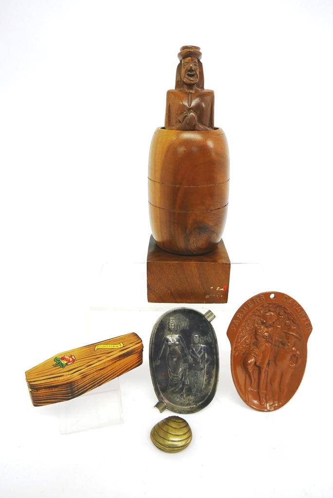 Vintage Naughty Collectibles: Interesting group of vintage ribald collectibles, a well endowed wooden gentleman hiding inside a barrel 12"H, wood souvenir box from Mallorcca contains a fellow very excited to get out, Occupied Japa