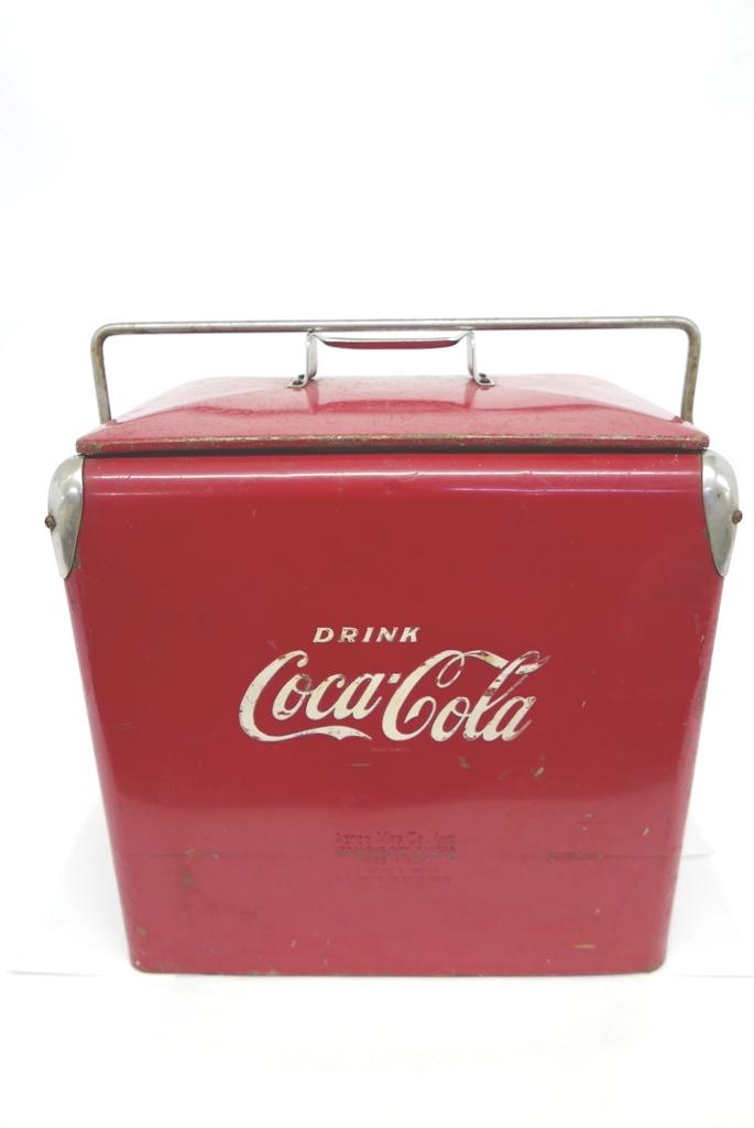 Vintage Coca-Cola Advertising Cooler: Vintage Coke cooler made by Acton Mfg. Co. Inc. Arkansas City Kansas, painted metal with nickel plated mounts, galvanized steel interior, 17"W, 19"H, 12"D