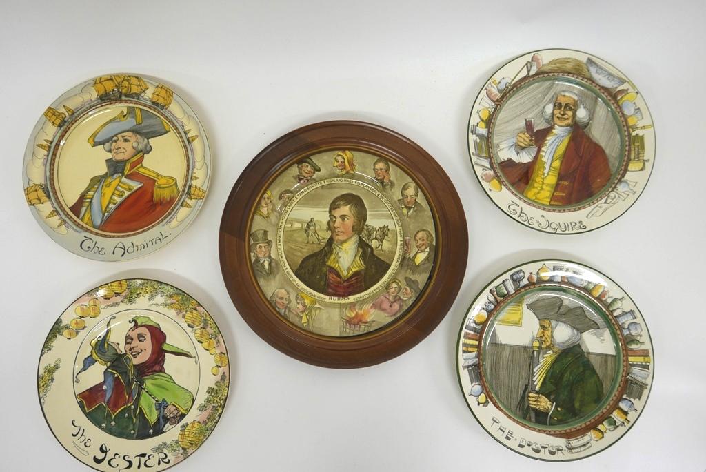 Five Royal Doulton Character Plates: Five Royal Doulton character plates 10.5"D, The Doctor, The Squire, The Admiral, The Jester and Robert Burns with a wood frame
