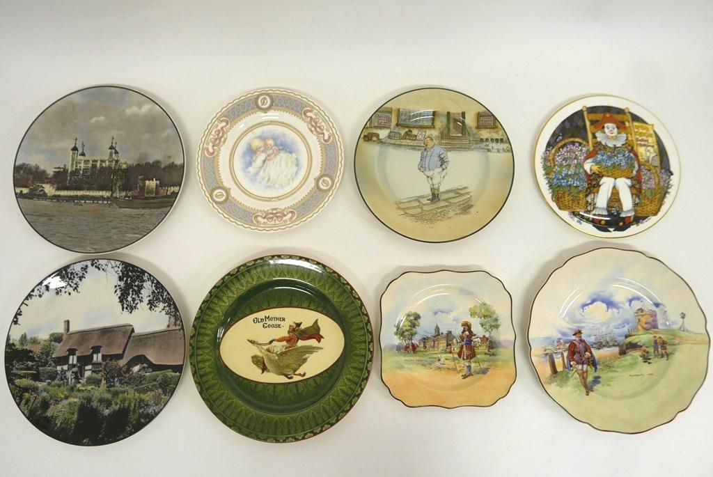Group of Royal Doulton Figural Collector Plates: Royal Doulton "Behind The Painted Mask" plate 9"D, Chelsea Hospital D5940 8" square, Ann Hathaway's Cottage TC1029 10.5"D, Plymouth Hoe D5940 10.5"D, The Fat Boy 9.5"D, The Tower Of London TC1030 10.5