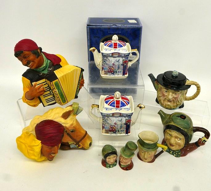 Beswick Porcelains & Bossons Figures & Others: Two Beswick figural teapots with lids, Sairey Gamp and Peggoty 5.5"H, salt and pepper shakers and a small Toby Jug 3.5"H, Bossons Arab & Horse wall decoration with original hang tag 10"W, Bossons acco