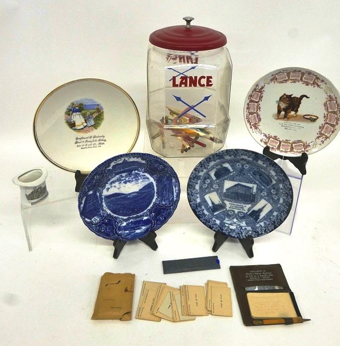 Vintage & Antique Advertising, Some Local: Lance counter top glass jar with painted steel lid with chromed finial 12"H with a selection of vintage pencils mostly from local businesses, Pottstown Hospital Pottstown Pa. vintage German ceramic ha