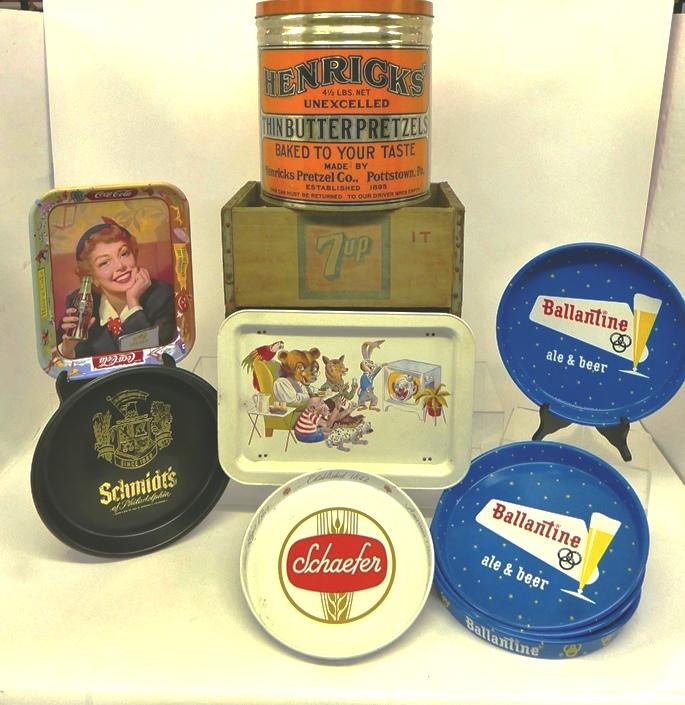 Pottstown 7Up Crate, Hendricks Pretzel Tin & Trays: Vintage large litho tin Hendricks Pretzel Co. of Pottstown Pa. advertising tin 13.5"H, Vintage stenciled wood 7Up crate from the Ferro - Phos. Co. Pottstown Pa. 16"L, 4 Ballantine Beer trays 13"D in n