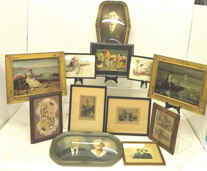 Sand Drawing, Prints, Etching, Chromolithographs Etc.: Nice selection of 12 vintage to antique small framed items, Native American style sand drawing 8" by 12", pair of antique lithos dated 1899 titled Alone & Sweet Thoughts in gold painted wood frames 12