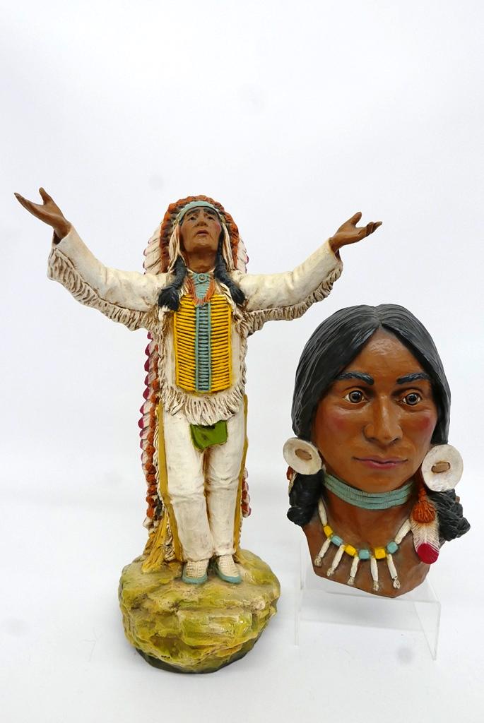 Two Universal Statuary Indian Figures: Universal Statuary Corp. full length Native American Indian chief #057, dated 1981, 19.5"H, United Statuary Corp. bust of a Warrior #269, dated 1884, 13"H