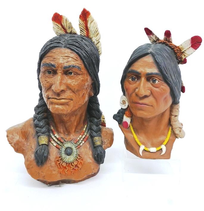 Two Universal Statuary Indian Figures: Universal Statuary Corp. large Native-American Indian bust after the original by V. Kendrick, #184 dated 1978, 20.5"H, Universal Statuary Corp. bust #268, dated 1984, 14.5"H