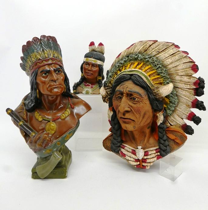 Two Universal Statuary Indian Busts & Other: , Universal Statuary Corp. large wall hanging Native American bust #281 dated 1967, 21"HUniversal Statuary Corp. small Native American Indian bust #605 dated 1974, 10"H, large plaster bust of a chief 