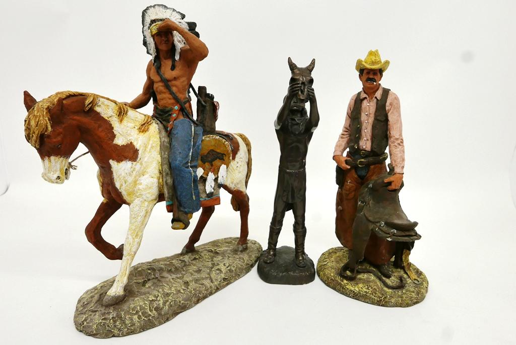 Daniel Montfort Indian Sculptures & Other: Daniel Montfort cast hydra stone Native American Plains Indian on horseback dated 1987, 15"L, 18"H, 7"W, Montfort Bronco Buster sculpture dated 1979, 15.5"H, also includes a Appeal To The Great Spirit
