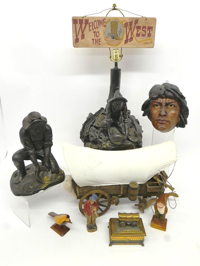 Western Art & Decorative Accessories: Cast plaster miner tagged Made In Colorado 12.75"H with bottom edge chips, cast plaster miner table lamp, signed illegibly and dated 1980, 19.5"H to top of socket, wood and canvas wagon 18.5"L needs o