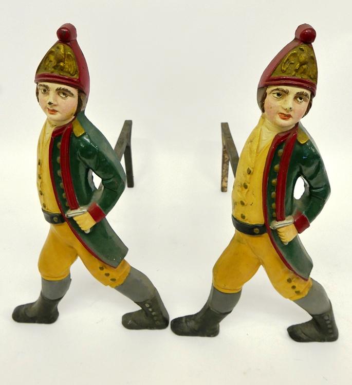 Hessian Iron Fireplace Andirons: pair of painted figural iron Hessian soldier fireplace andirons, 19.5"H, 20"D