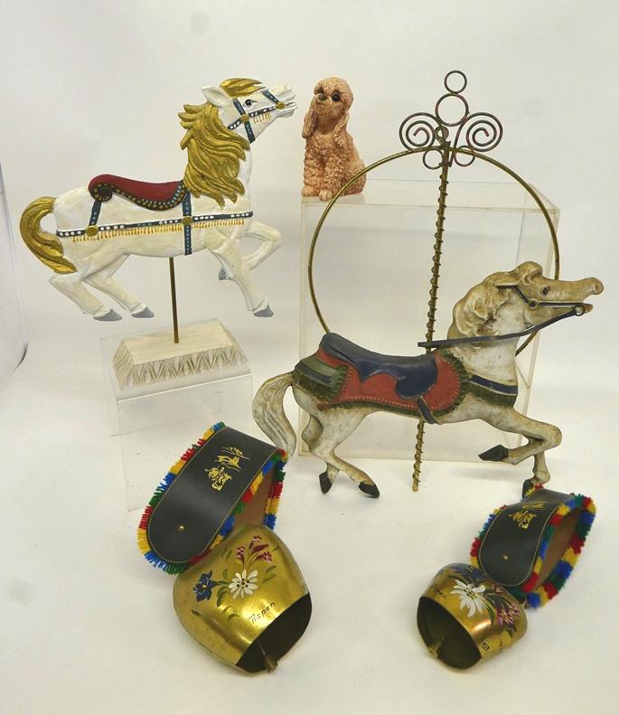 Carousel Horse Decorations & Others: Painted cast metal carousel horse mounted in a brass plated frame for hanging 21"W, 26"H with average wear to paint and plating, carved wood carousel horse on wood base 16"L, 17.5"H, Classic Critters 