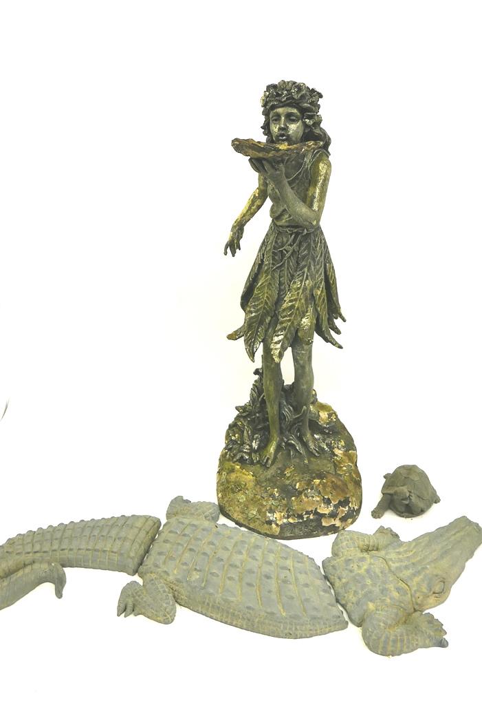 Garden Alligator Sculpture & Others: Amusing cast resin three piece alligator to put on your lawn 38"L, small outdoor turtle and frog, cast plastic or fiberglass nymph with worn finish 34"H
