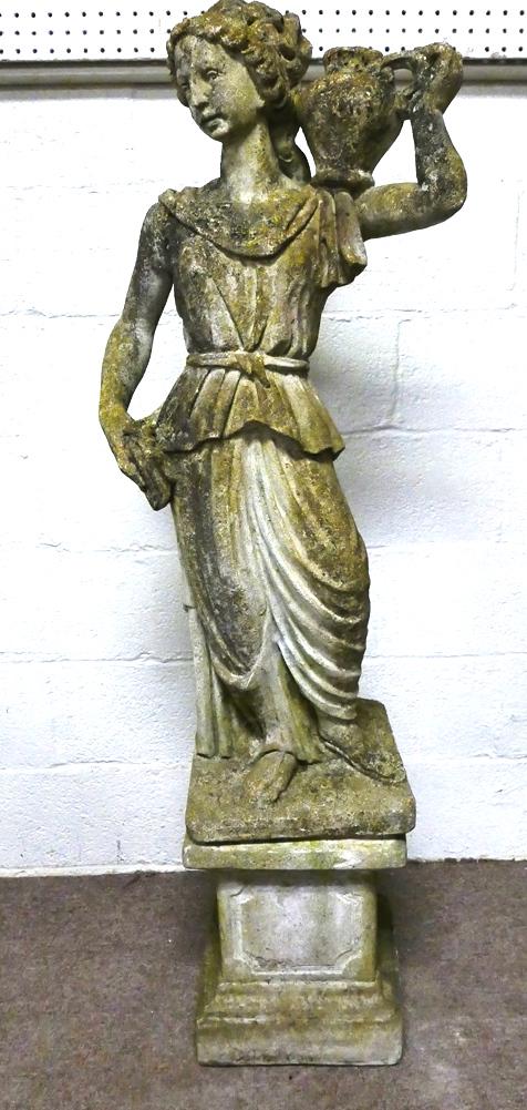 Vintage Greek Maiden Garden Sculpture: Vintage cast concrete Greek maiden holding an amphora, 40"H, includes square pedestal 14"H, total height 54", we will not ship this item, it is for local pick-up or buyer arranged shipping only