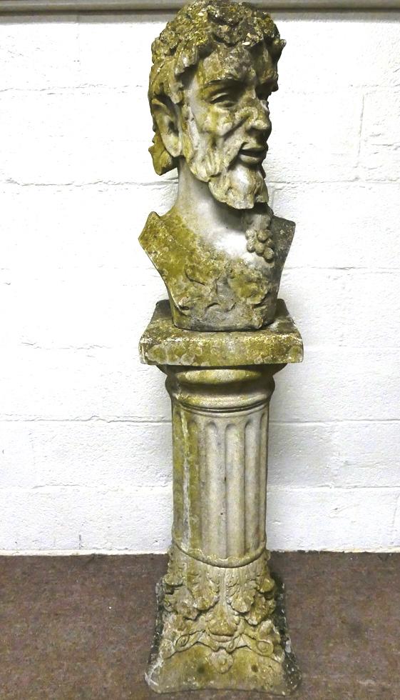 Vintage Bacchus Statue & Pedestal: Vintage cast concrete god Bacchus garden statue 21"H, concrete pillar pedestal base 31"H, total height 52", we will not ship this item, it is for local pick-up or buyer arranged shipping only