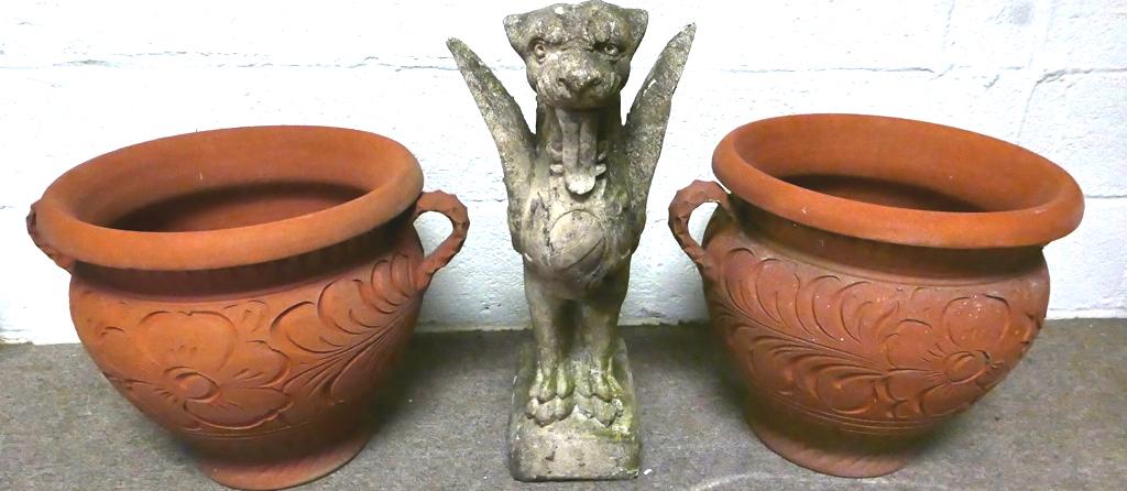 Vintage Garden Gargoyle Statue & Planters: Vintage concrete gargoyle statue 23"H, pair of newer large terracotta planters 20"W between handles, 16"H, we will not ship these items, they are for local pick-up only or buyer arranged shipping