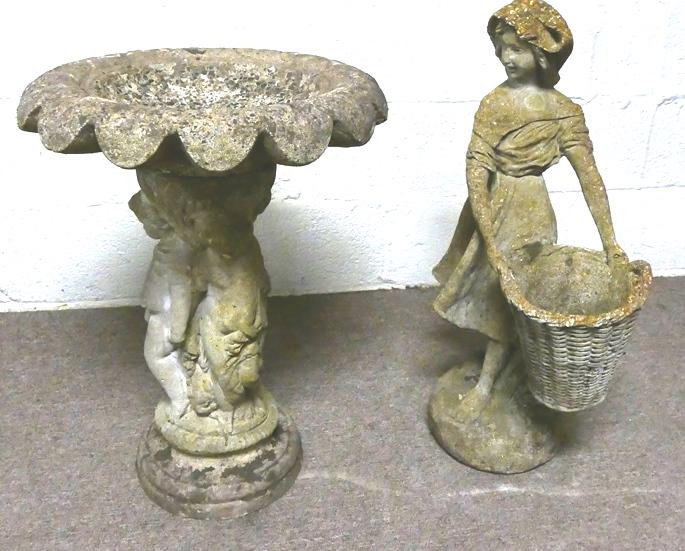 Vintage Birdbath & Garden Statue: Vintage cast concrete birdbath on base decorated with The Three Graces 18"W, 23"H, vintage cast concrete girl holding a basket form flower pot 27"H, these items are for local pick-up or buyer arranged