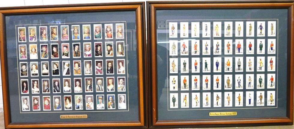 Two Framed Sets of 1935 Player's Cigarette cards: Framed set of 50 Player's Cigarette cards from 1935, British Empire Uniforms and framed 1935 set of 50 Kings and Queens of England, nicely framed and matted with brass plaques, each frame is 23" by 27