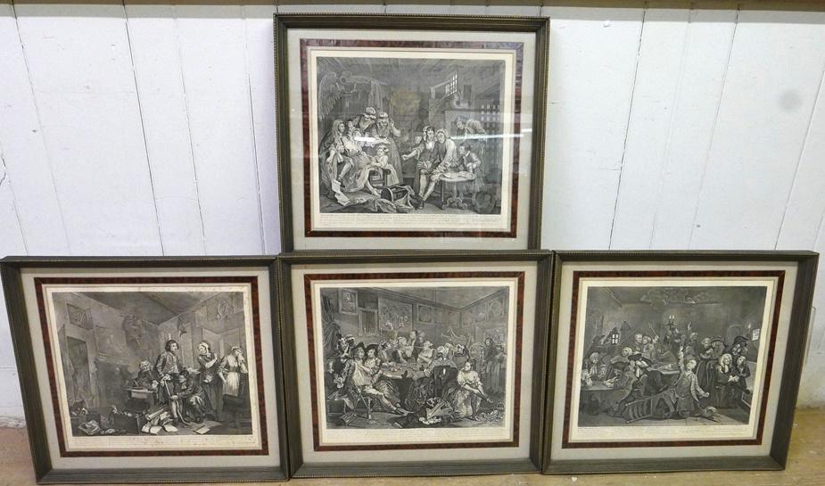 Four Prints After William Hogarth: Set of four vintage prints after the original 18th century prints by William Hogarth, nicely matted in matching frames 19.5" by 21.5"