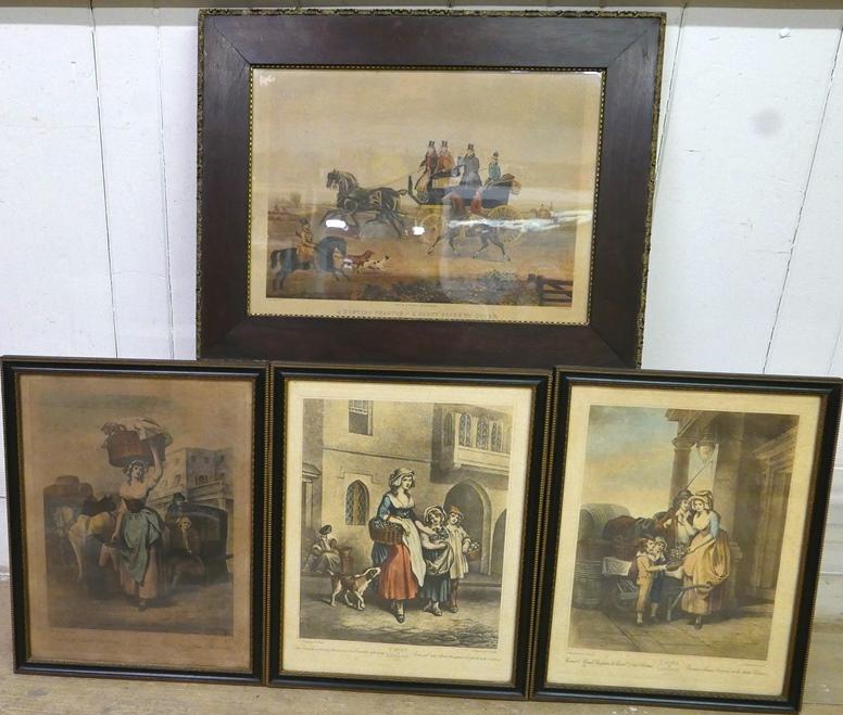 Cries Of London & Coaching Prints: Set of three vintage reproduction Cries of London prints in matching wood frames 15" by 19" overall, vintage English hunting print in an antique ornate wood frame with gesso trim 20" by 25.5"