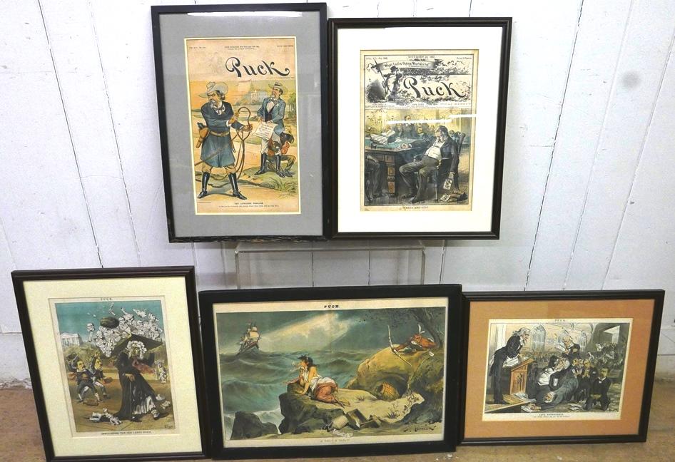 Five Framed Antique Puck Political Prints: Five original political prints from Puck Magazine 1880's 7 1890's, largest frame is 15" by 21"