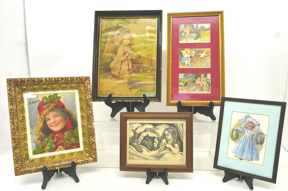 Four Antique Framed Children Prints & Other: Sweet Sixteen print in original Victorian frame 11" by 13", 1880's Red Riding Hood & Wolf print in walnut frame 8.5" by 10.5", 3 early 1900's embossed Valentine postcards nicely framed and matted 9.5"