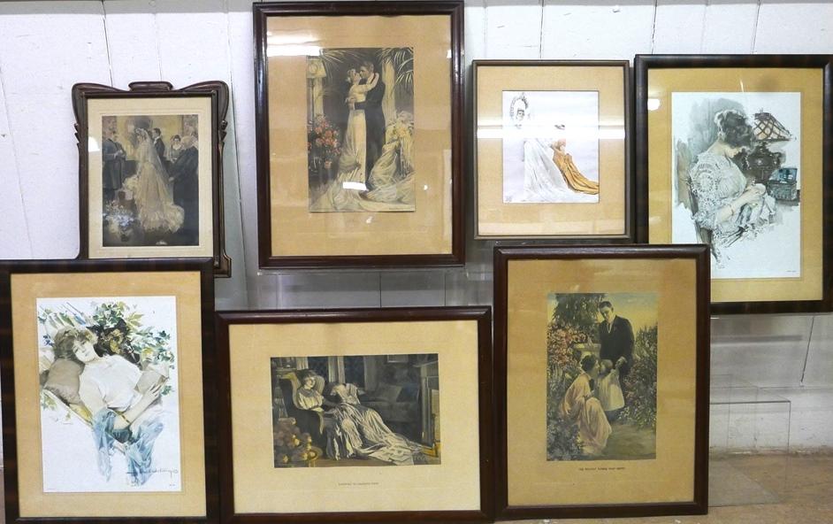Four Vintage Young Beauty Prints: Pair of vintage framed illustration prints dated 1912 and 1913 in plates titled Artistic Leisure and Care Free with matching mats and wood grain painted frames 15.5" by 19.5", three prints in matching