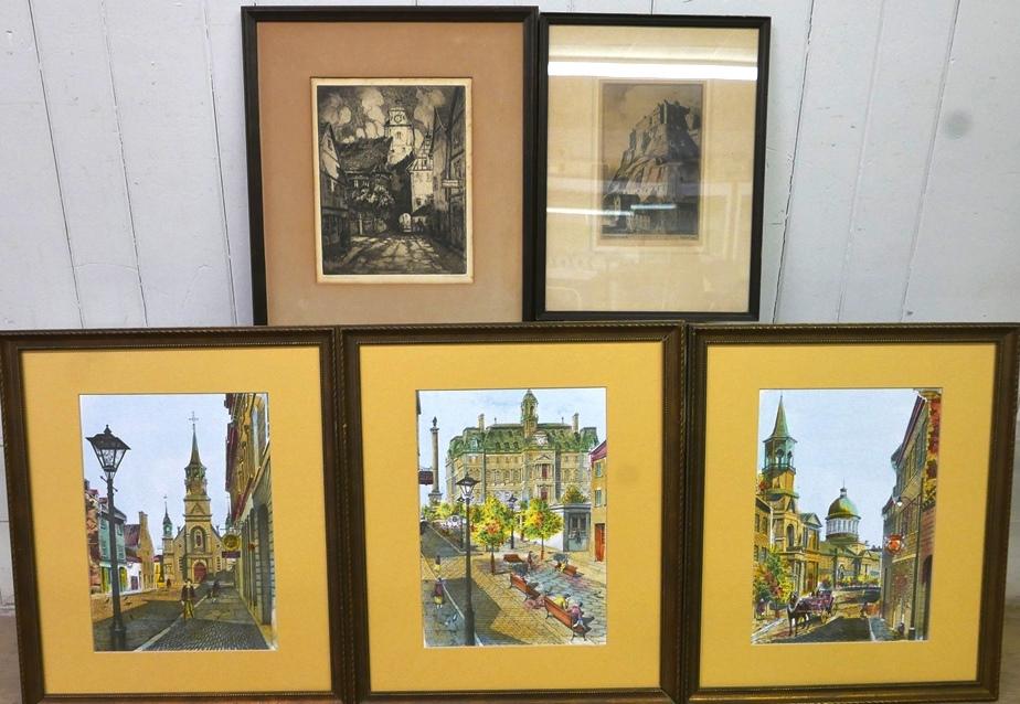 Five Vintage European Etchings: Set of three hand colored European city etchings with matching mounts and frames 17" by 20", Preston Cribb [1876-1937] etching of Edinburgh Castle matted and framed to 12" by 16", Rose Crosman [Chicag