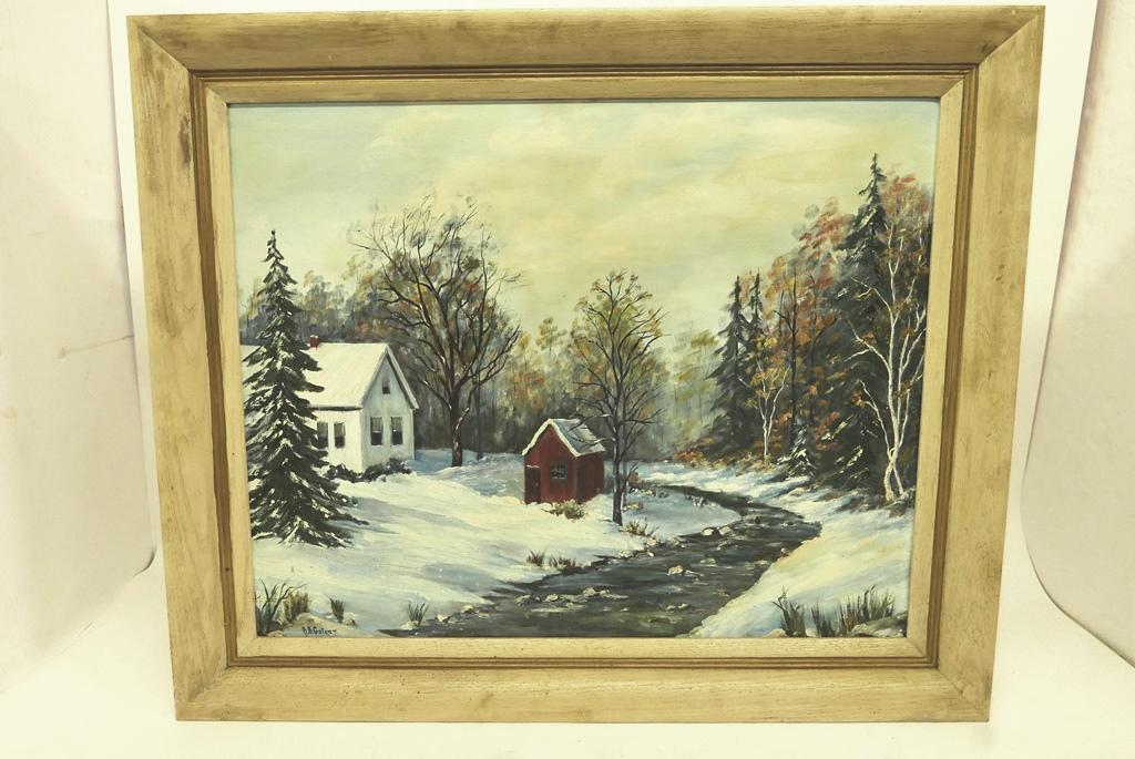 Boyertown Pa. Artist Beulah Geiger Oil Painting: Large oil painting on artist board signed Beulah B. Geiger lower right, written on reverse "Dec. 1961 The First Snow Painted by Beulah B. Geiger 332 W. Phila. Ave, Boyertown Pa., artist board 24" by 3