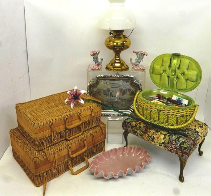 Group of Vintage Decorative Accessories: Vintage Royal Haeger centerpiece fluted bowl 14.5"L with two cornucopia form candlesticks, 1926 Philadelphia Centennial silver-plate tray 14"L, electrified brass Rayo lamp with glass shade 18"H, pair 