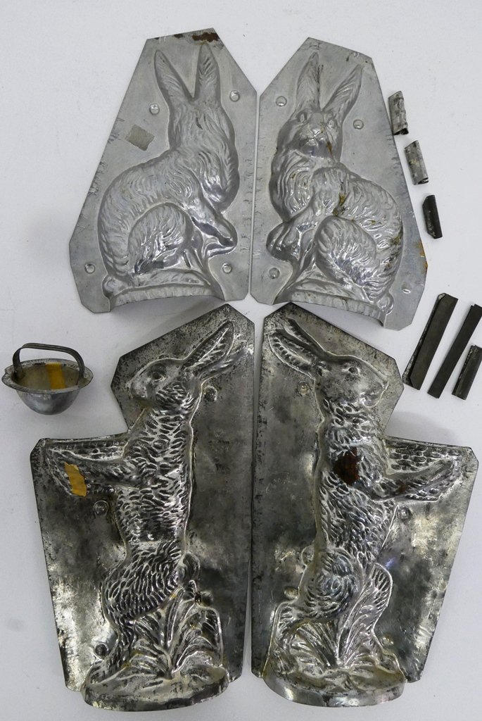 Two Antique Large Rabbit Chocolate Molds: Pair of antique plated steel two part molds, sitting rabbit 10.5"H, standing rabbit with basket 13"H