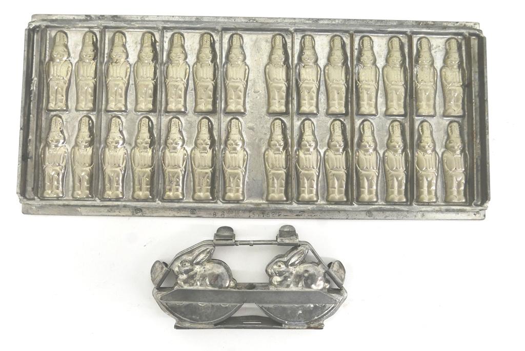 Rabbit "Flattie" & Rocker Chocolate Molds: Antique Vormenfabriek Dutch flattie plated steel mold for 28 rabbits 9.75" by 22", plated steel mold for two rocker rabbits 9"L