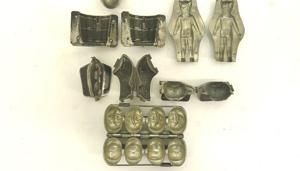 Halloween Pumpkin & Other Chocolate Molds: Group of antique plated steel chocolate molds, great mold with 4 grinning pumpkins 7.5"L, open top molds for two styles of Dutch shoe, bucket, egg and teacup, also includes w plated tin back halves on