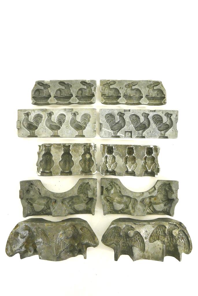 5 Antique Lead Animal Toy Molds: Five antique two part molds for casting lead toys, includes a combined 2 horses, 3 bears, 2 eagles, 3 roosters, 3 rabbits on nest, largest mold 7"L