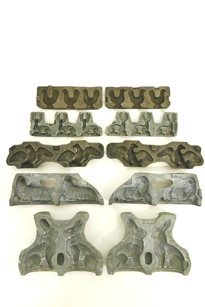 5 Antique Lead Animal Toy Molds: Five antique two part lead and iron molds for casting lead toys, includes a combined 2 large rabbits, 2 lambs, 3 elk, 2 eagles and 3 chickens, largest mold 8"L