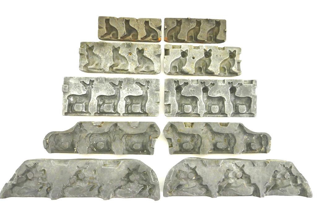 5 Antique Lead Animal Toy Molds: Five antique two part lead and iron molds for casting lead toys, includes a combined 3 deer, 3 cat, 3 small cats, 3 dogs and 1 I'm can't identify, largest mold 9.25"