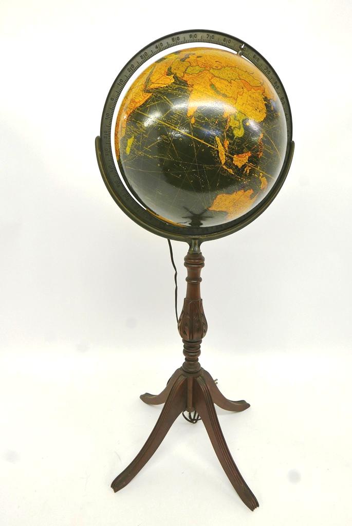 Vintage Lighted Library Terrestrial Globe: Vintage Replogle Globes Inc. 12" lighted library globe on wood stand, 35"H