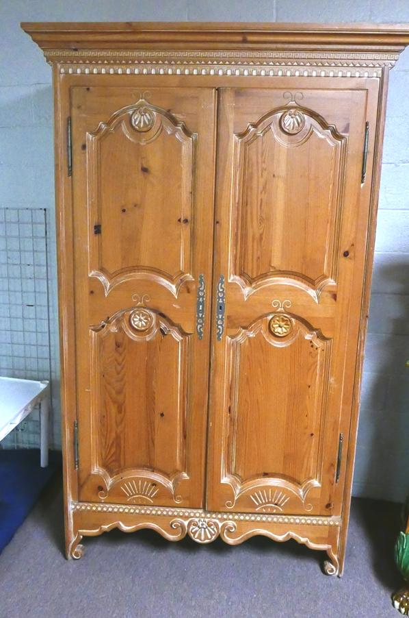 large Pine Armoire: Large pine double door armoire with waxed finish, 84.5"H, 52.5"W, 23.5"D