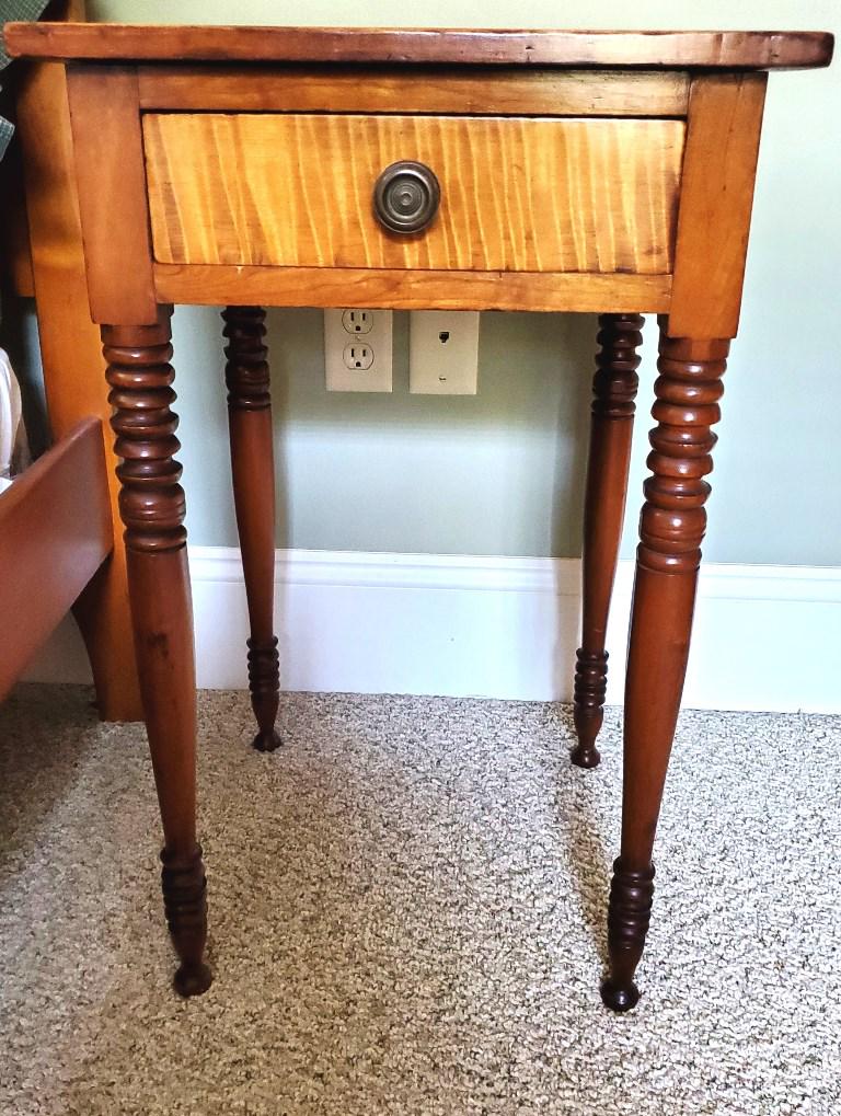 Early 19th C. One Drawer Stand: Antique early 19th century one drawer work table, cherry construction with turned legs, single drawer with solid tiger maple front and brass pull, 18"W, 17.5"D, 29"H