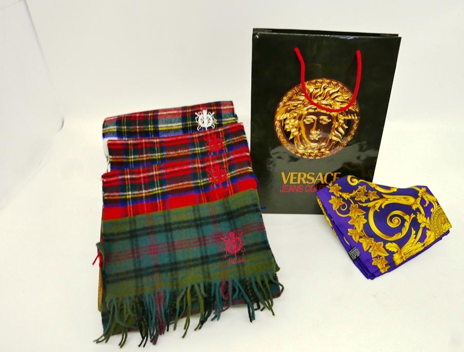 Versace & Harrods's New scarves: Versace 100% silk scarf new in original packaging, four Harrods's 100% wood scarves new with hang tags