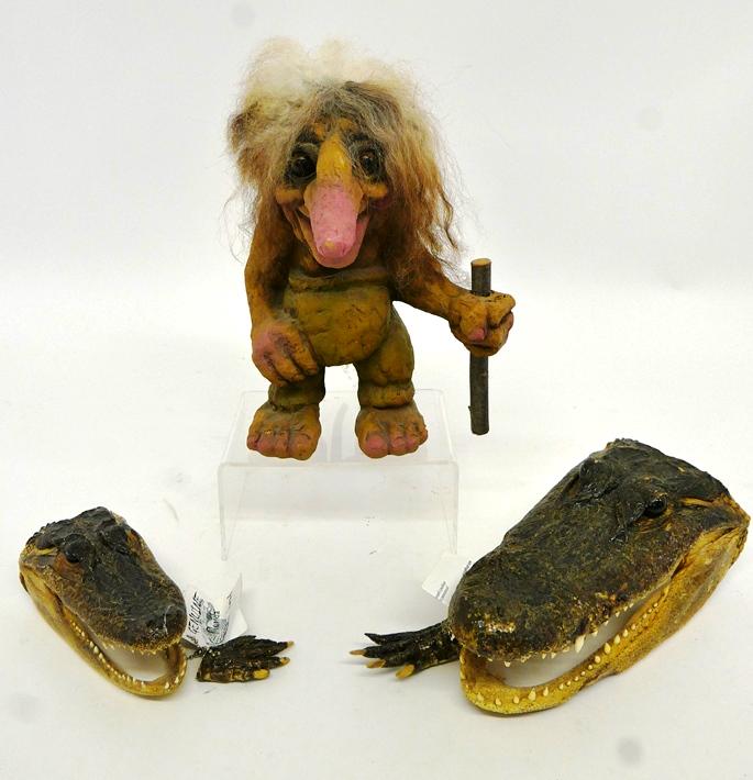 Two Alligator Heads & Troll Doll: Two preserved alligator heads from Florida, 6" and 9"L, hand made troll doll 9"H