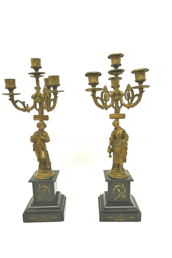 Pair of H. Luppens Bronzes: Candle Holder Marble Bases, Bruxelles 19"T 7"W