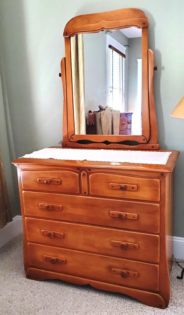 Six Pc Maple Bed Room Set: Six Pc Bedroom Set Maple Bed 41"T 57"W, Dresser 36"T 42"W 20"D, High chest 47"T 30"W 19"D, Bookcase 42"T 46"W 12"D , One Chair