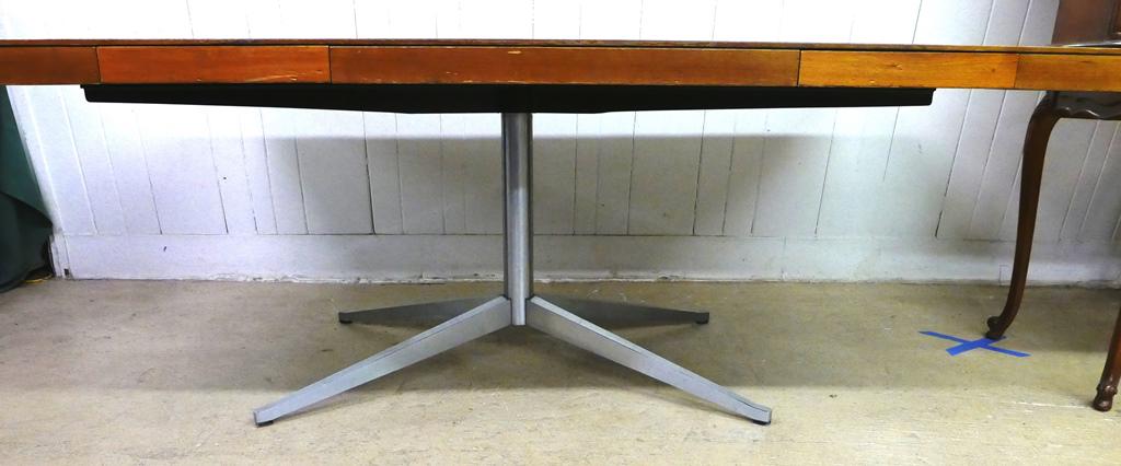 Mid-Century Knoll Desk with Metal Base: Mid-Century Table and Desk 28 1/2" T 71"L 38" W with Knoll tag under table
