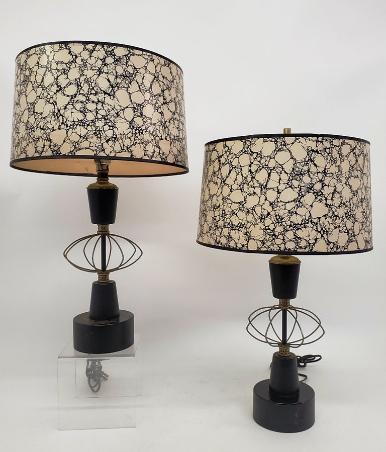 Pair of Mid-Century Metal Lamps: Mid-Century Lamps Black white Shades metal Style 25"T 15"W