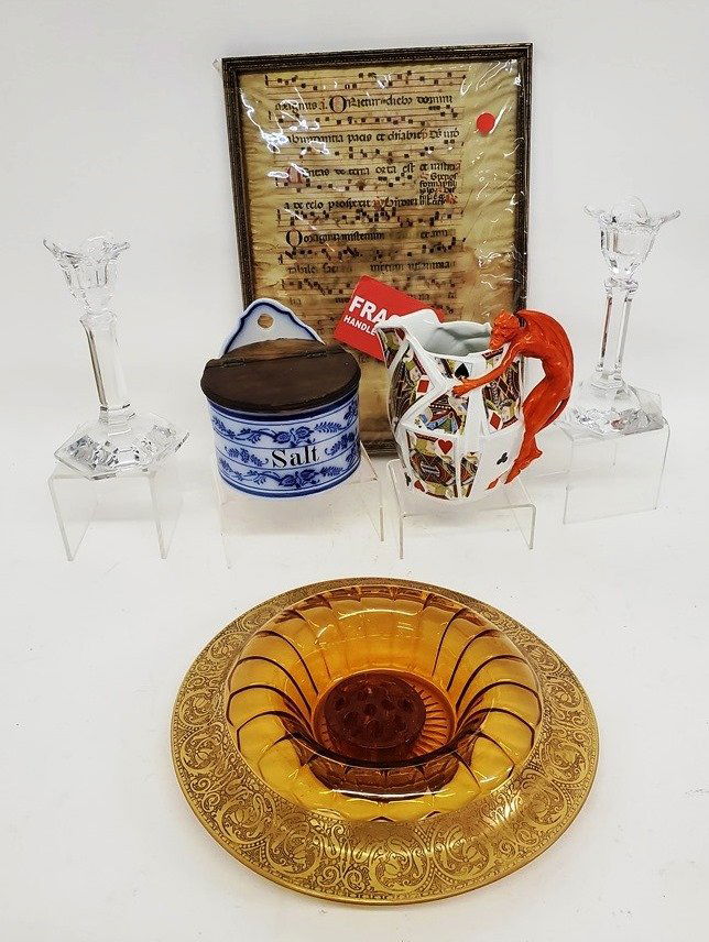 Antique Grouping, Glass, Music, Porcelain: Vintage Orrefors Olle Albertus 8" Crystal Candlestick with Lotus, Vintage Amber Glass Depression Rolled Edge Console with Etched Design and frog, Royal Bayruth Cards & Devil Handled Pitcher German 7 1